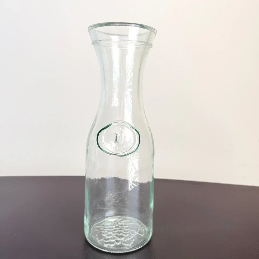 Vintage 1 Liter Glass Wine Carafe Decanter Clear Embossed Grapes Bottle